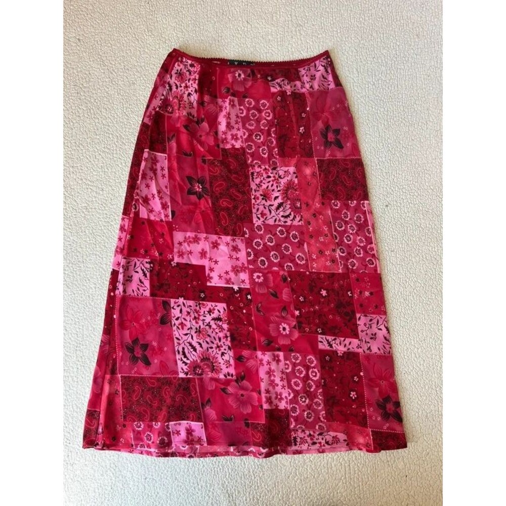 Vintage 90s Y2K Hype Pink & Red Patchwork Paisley Midi Skirt Womens Small
